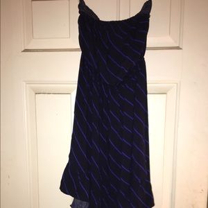 Black and blue striped strapless dress