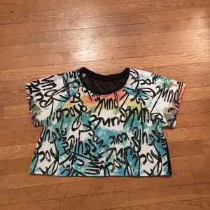 water colour-patterned crop top with mesh backing