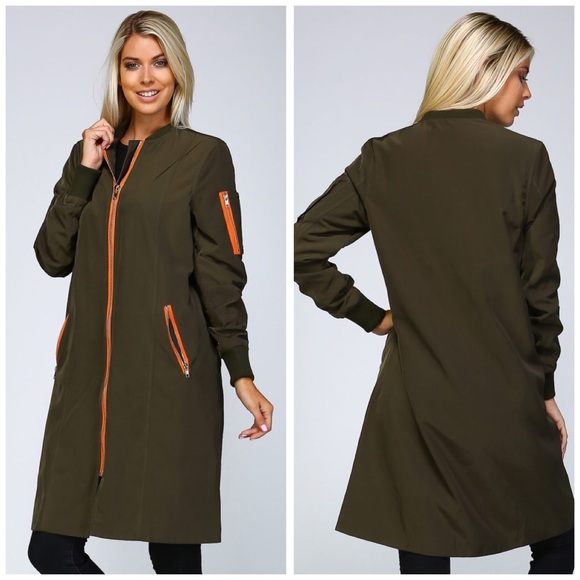 Extra Long Olive Bomber Jacket - Picture 2 of 3