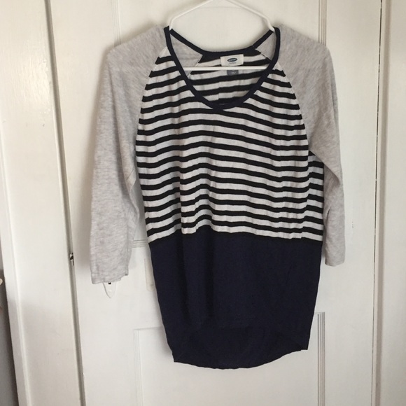 Old navy grey, blue, and black and white sweater.
