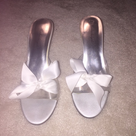 White satin bow tie shoes