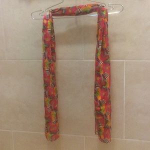 Scarf; pink, green, yellow, black, white and grey