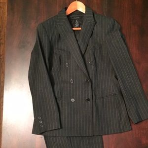 Gray pinstripe jacket and trousers.