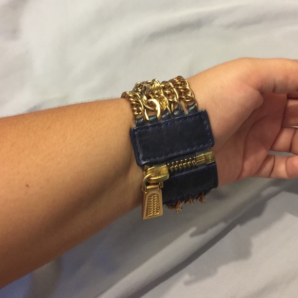 Gold and blue leather bracelet