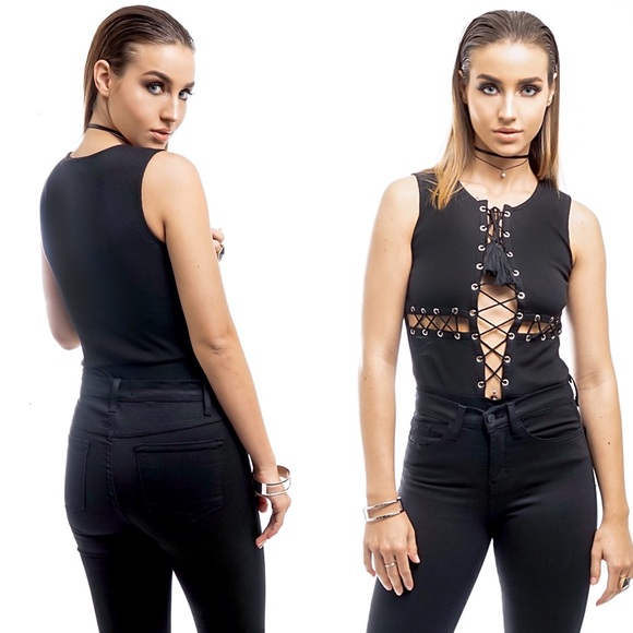 •SOLD OUT• Black Criss Cross Lace Up Bodysuit - Picture 4 of 5
