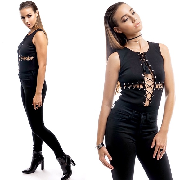 •SOLD OUT• Black Criss Cross Lace Up Bodysuit - Picture 3 of 5