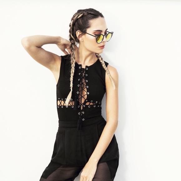 •SOLD OUT• Black Criss Cross Lace Up Bodysuit - Picture 2 of 5