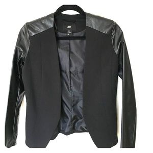 Black fabric and faux leather blazer