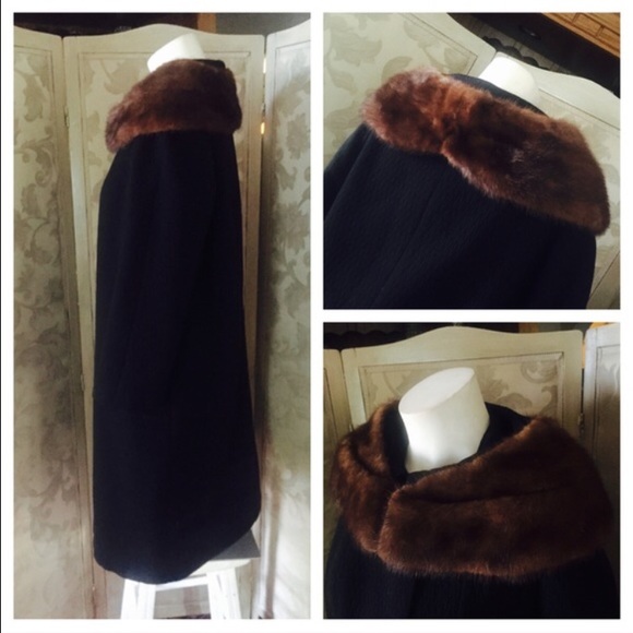 Vintage Long Black Winter Coat w Mink Fur Collar - Picture 2 of 4