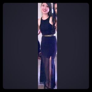 Long black dress with gold waist and sheer bottom