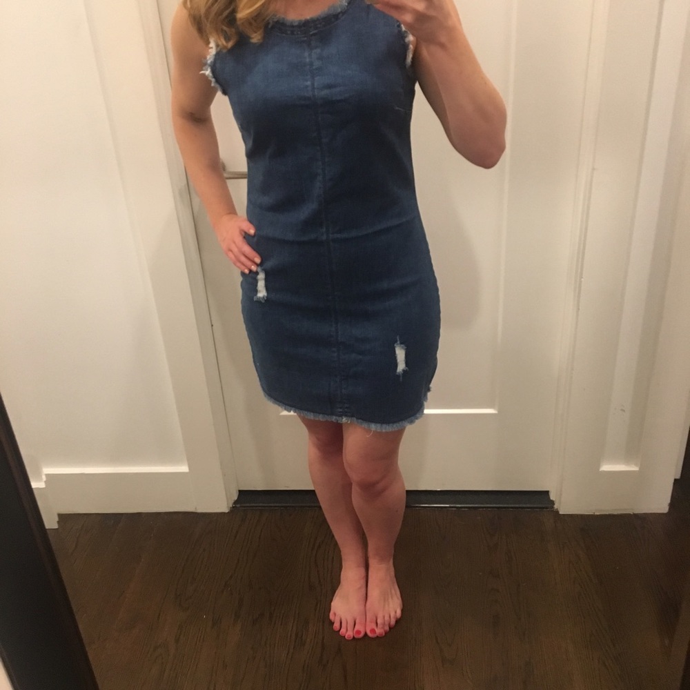 Distressed denim mini dress
