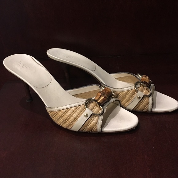 Straw and bamboo Gucci slides 3 inch heel