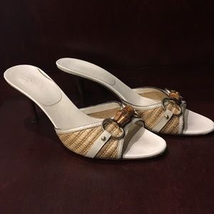 Straw and bamboo Gucci slides 3 inch heel