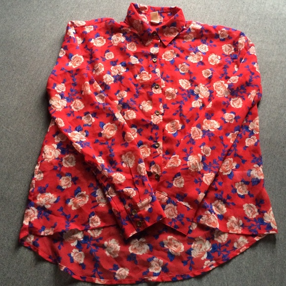 Floral Red and Blue Sheer Long sleeve Blouse - Picture 2 of 3