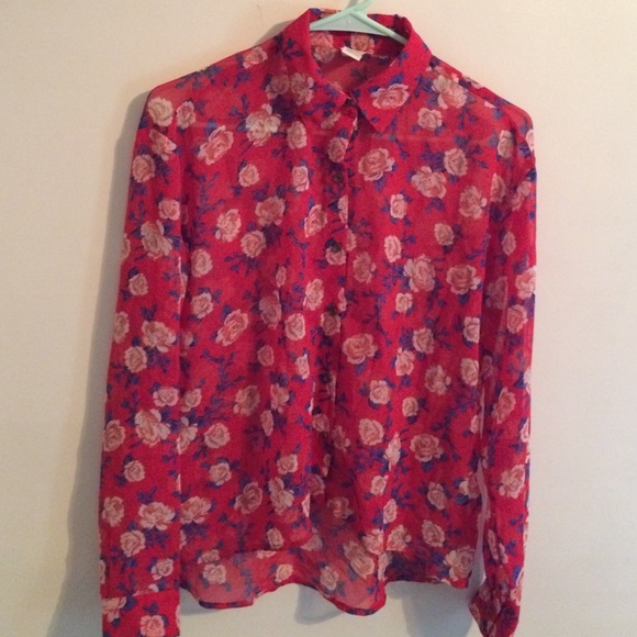 Floral Red and Blue Sheer Long sleeve Blouse - Picture 3 of 3
