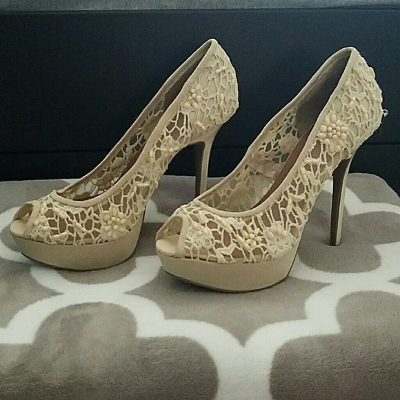 Lace and beaded pumps