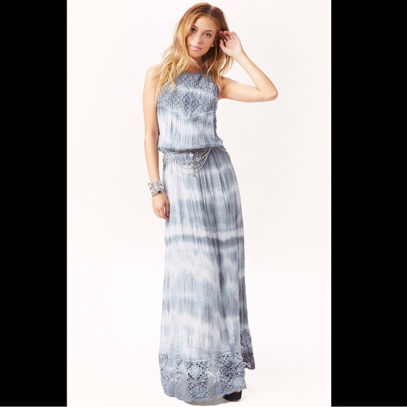 Peruvian tie dye maxi dress gray blue halter lace