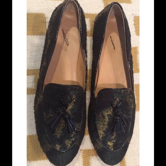 New J.Crew Tassel Black Green Gold Loafers 8.5