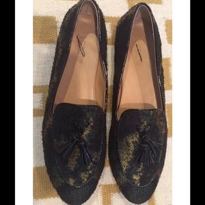 New J.Crew Tassel Black Green Gold Loafers 8.5