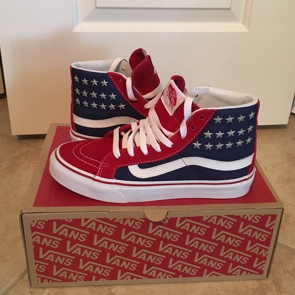 RED WHITE AND BLUE VANS