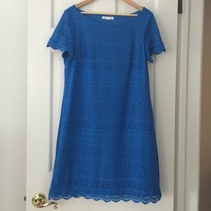 London Times Lace Yoke Shift Dress - Blue