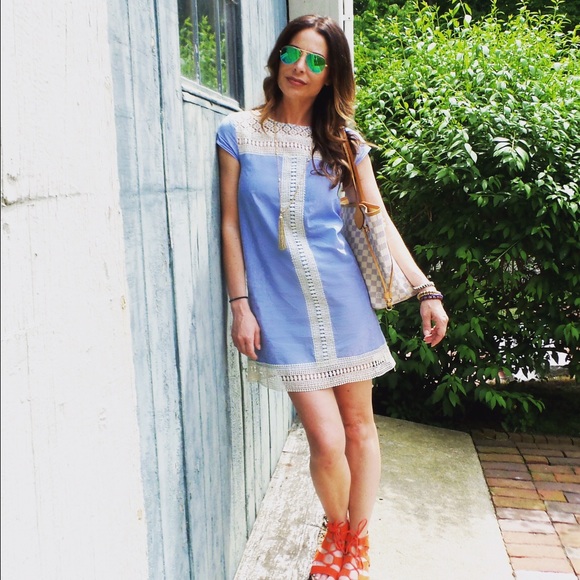 Chambray and crochet shift dress.