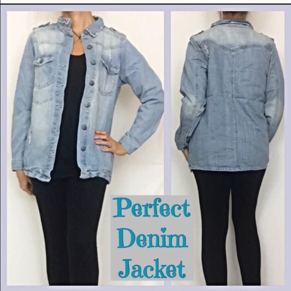 Light Wash Distressed Denim Jacket Med - Picture 3 of 4