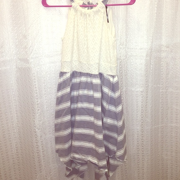 Asymmetrical chambray and lace sundress