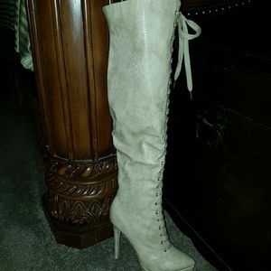 Tan faux snake skin over the knee high heel boots
