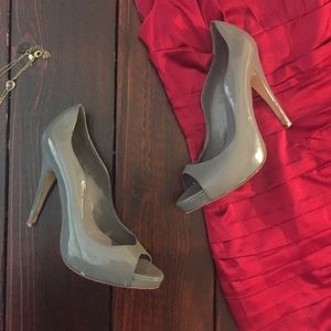 Aldo Gray Patent Leather Open Toe Heels