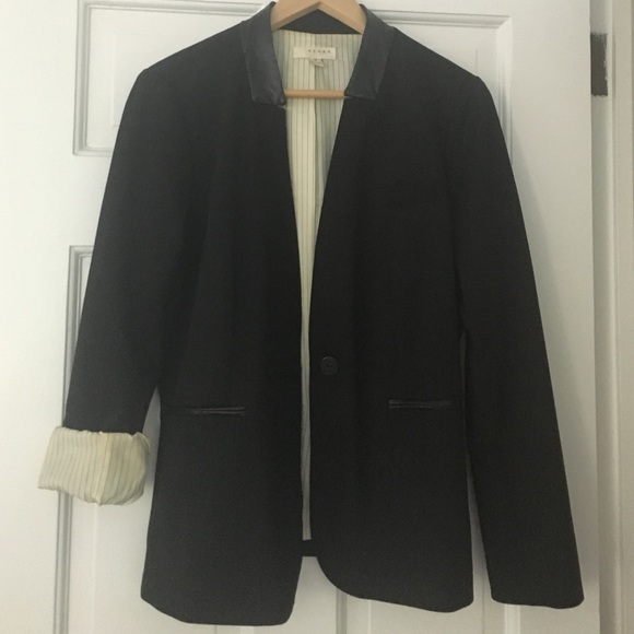 Kenar Leather Trimmed Collarless Blazer