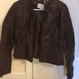 Brown leather jacket with optional hood.