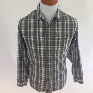 Men Large Checkered Gray Green White Button Shirt