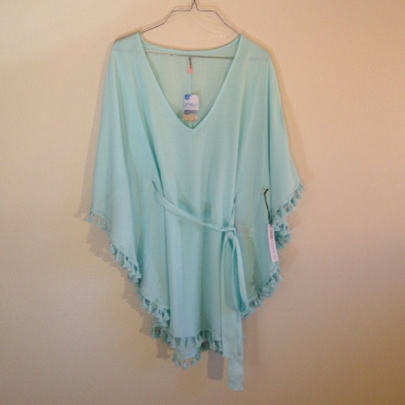 Light blue tasseled bathing suit coverup