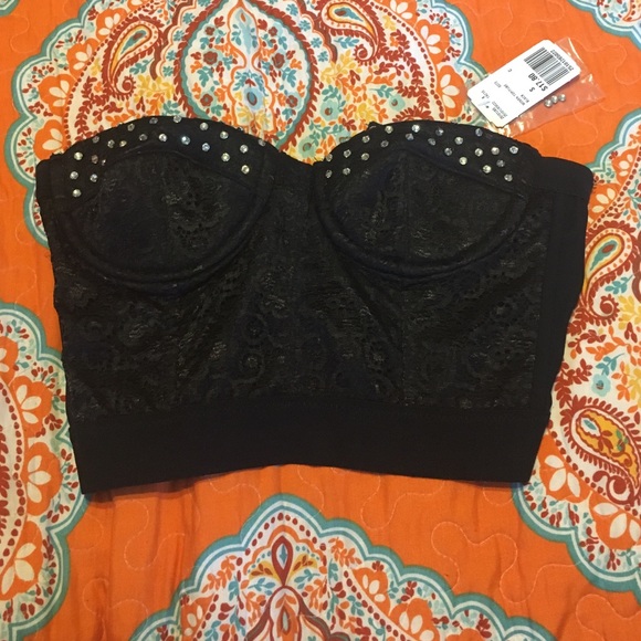 Corset like crop top w/ lace & rhinestone details