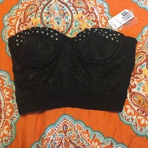 Corset like crop top w/ lace & rhinestone details