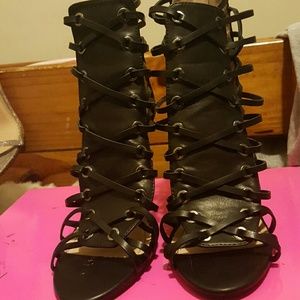 Black lace up, ooen toed heel