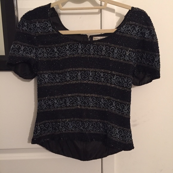 Adrienne Papell top beaded embellished blue silver