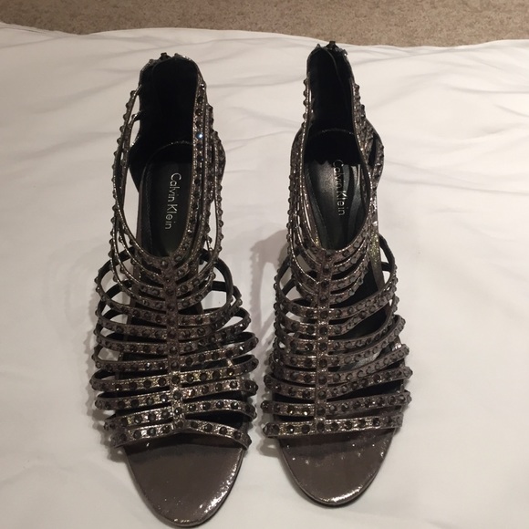 Calvin Klein strappy Rhinestone heels. Metallic