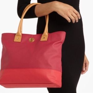 Tory Burch Red Orange Colorblock Canvas Tote