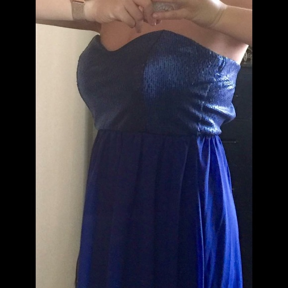 Blue dress/sequins top, A line style, strapless