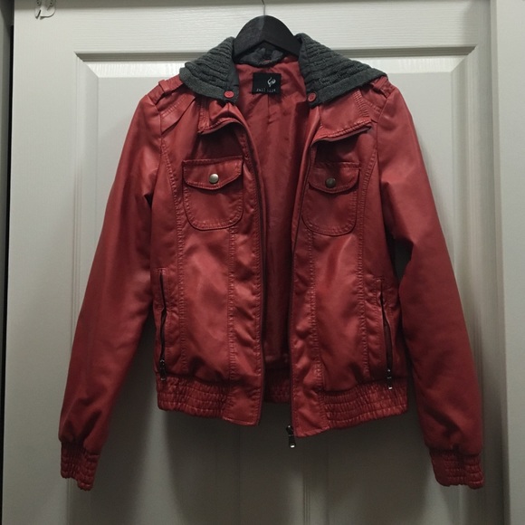Faux leather dark coral jacket with removable hood
