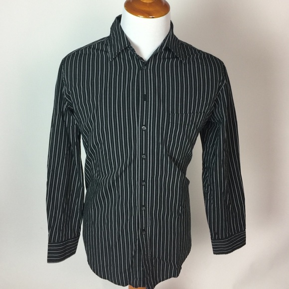 Men Large Black Gray Striped Buttoned Dress Shirt