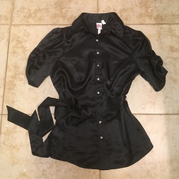 Satin black button top