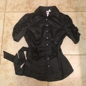 Satin black button top