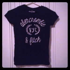 Abercrombie kids navy blue white wording tee shirt