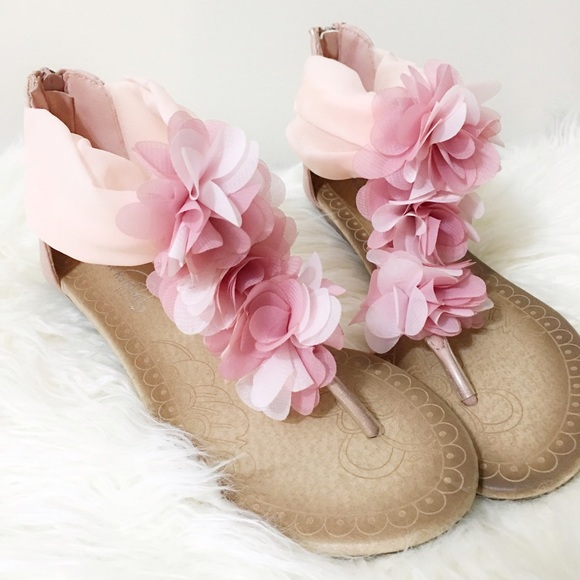 Chiffon Floral Ankle Wrap Flat Sandals Pink