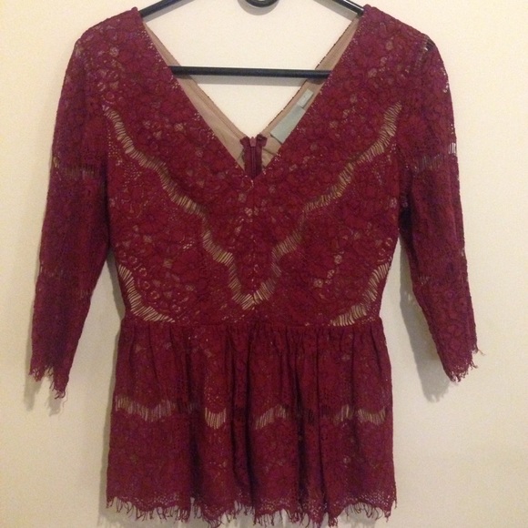 Anthropologie Tops - Maeve Anthropologie Burgundy Lace Peplum Blouse