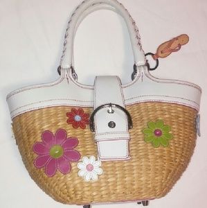 Coach Straw White Leather Flower Handbag