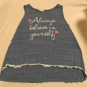 Blue tank top with lace at the bottom